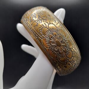 Vintage Brass Floral Wide Bangle Bracelet, 8", Etched Flowers